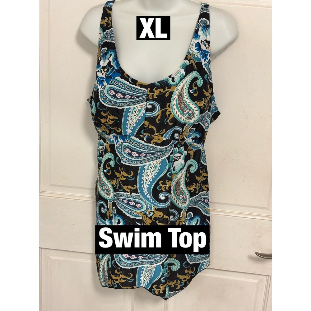 Paisley Swim Top - Teal Blue and‎ Black Sz XL Adjustable straps Padded Bra. New